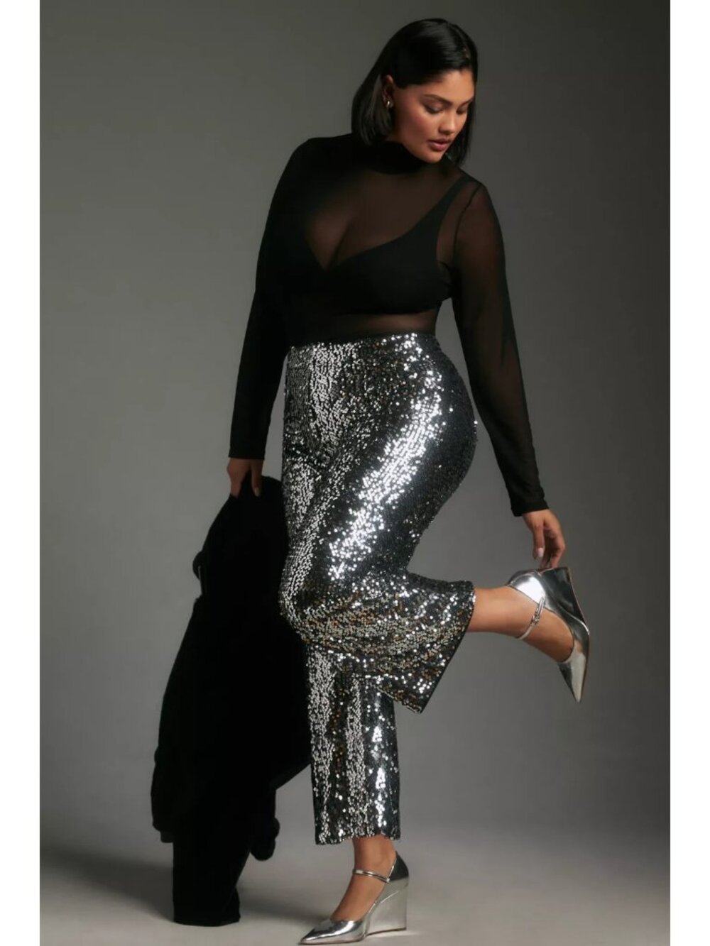 NWT Maeve by Anthropologie Colette in Black Silver Sequin Wide-Leg Crop Pants 28 - Picture 10 of 13